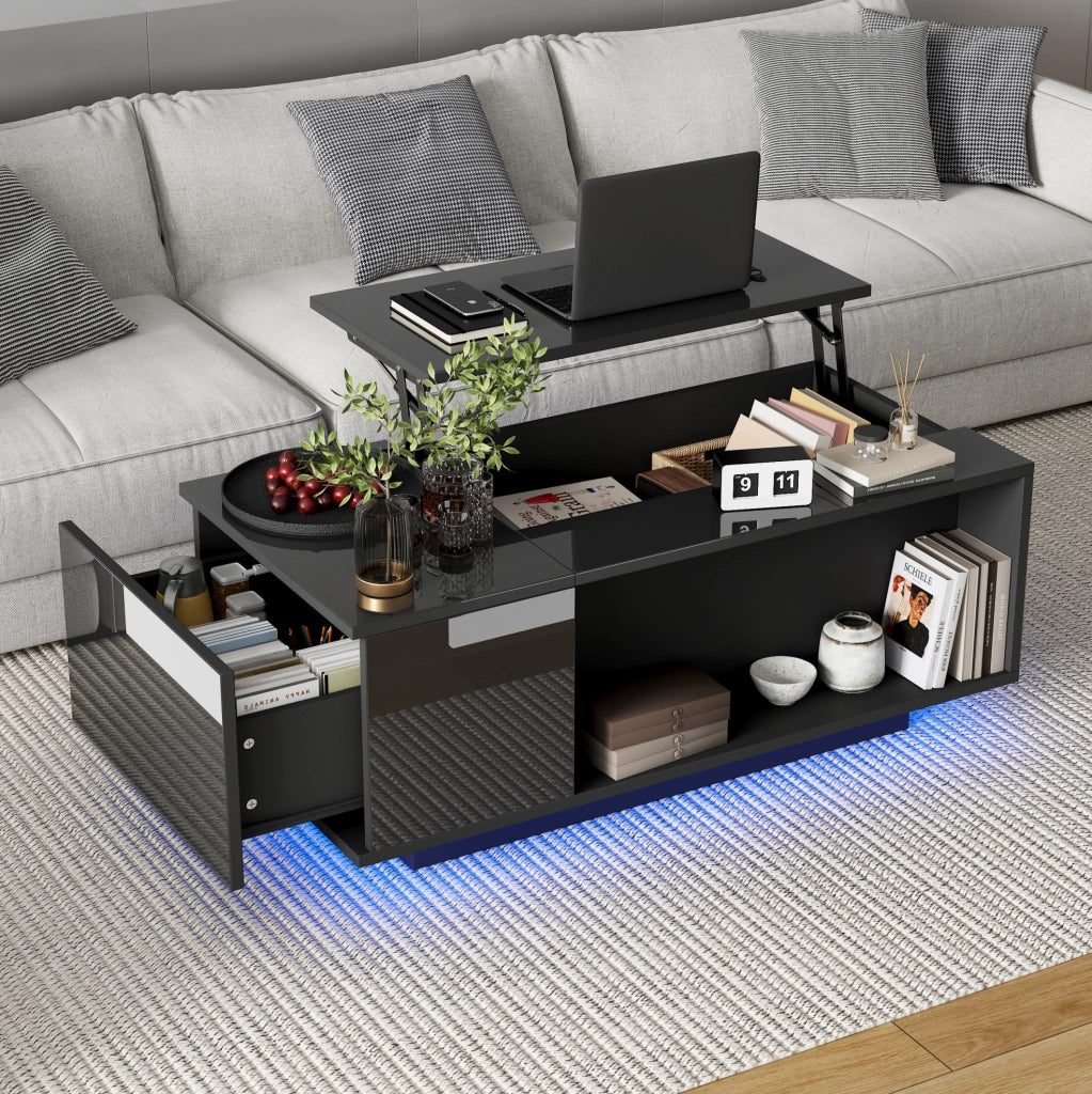Tavolino da caffè LED elevabile con cassetto 100x50x40 cm