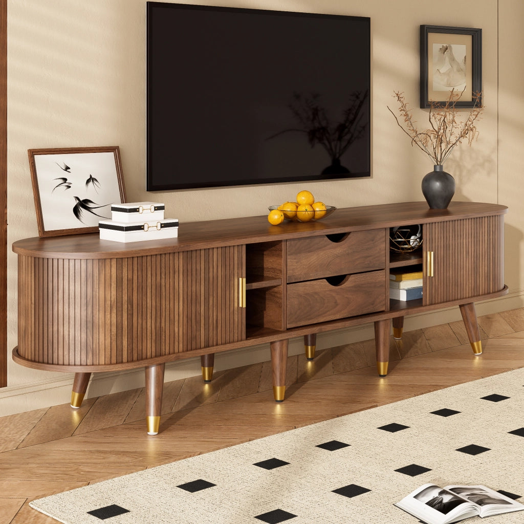 Mobile TV con 1 Porta Scorrevole in Rattan; Vani Aperti e Cassetti; per Soggiorno; in MDF; 175 × 38 × 45 cm; Noce