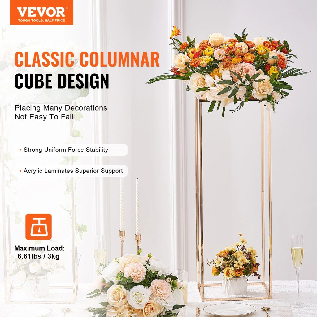 Set 10 Pezzi Colonne Portafiori per Matrimonio ed Eventi, Supporto Fiori Cubico in Ferro Dorato 28x28x80 cm
