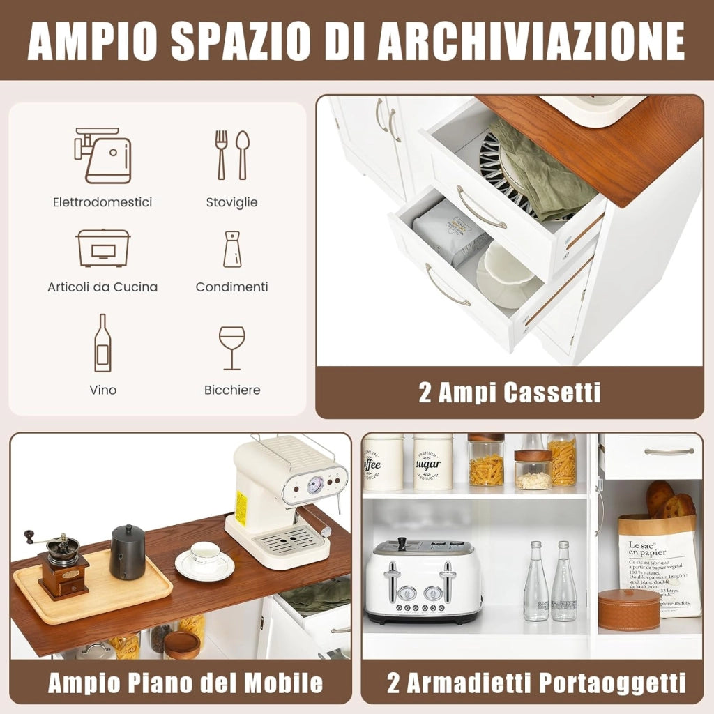 Credenza Buffet, Armadio di Stoccaggio Moderno con 2 Ante e 2 Cassetti, Ripiano Regolabile, Credenza Armadio di Stoccaggio per Cucina, Sala da Pranzo, Bianco