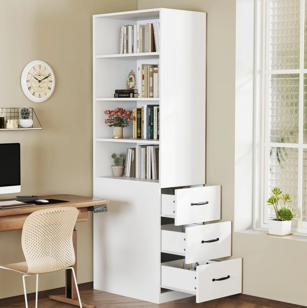 Libreria stretta 180 cm con 3 cassetti laterali e ripiani regolabili bianca