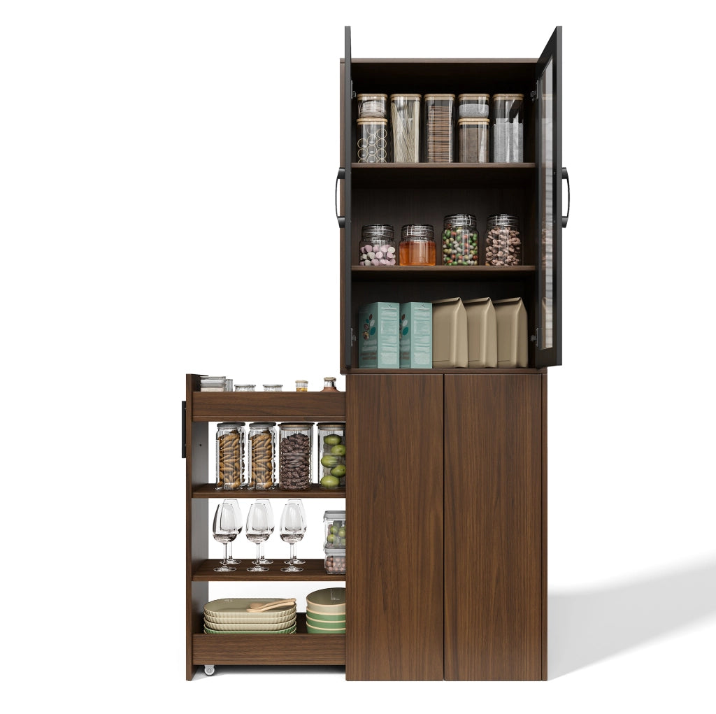 Armadio stretto per nicchie 60×30×180 cm con ante in vetro e carrello estraibile, mobiletto salvaspazio per cucina, soggiorno e sala da pranzo