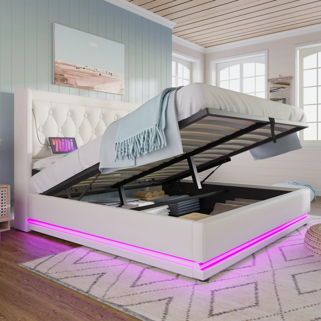 Letto Contenitore 140x200 cm; Matrimoniale - USB; Type-C; LED 3 lati - PU Bianco