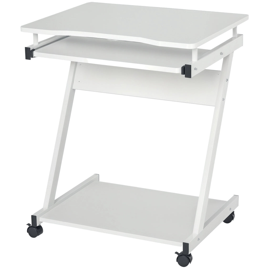 Scrivania per Computer con Ruote Mobile Porta PC Tavolo da Studio con Ripiano Tastiera Estraibile Bianco