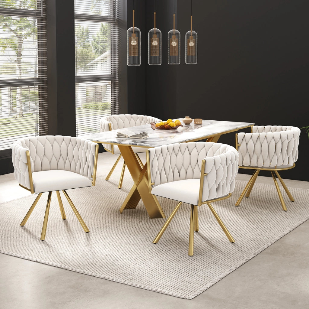 Sedia da pranzo girevole in velluto beige e oro