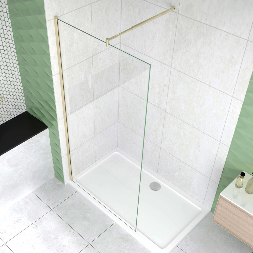 Box Doccia Walk In 80x200 cm Parete Fissa Vetro 10 mm Trasparente Anticalcare Oro Spazzolato Barra Stabilizzatrice 70-120 cm