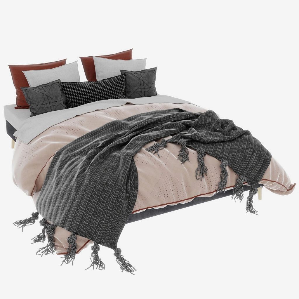 Letto matrimoniale 160 × 200 cm in tessuto grigio con testiera geometrica, struttura in metallo, senza materasso
