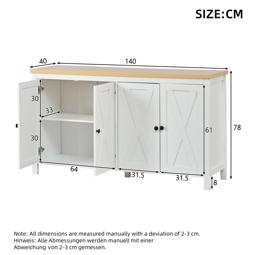 Credenza 140x40x78 cm con 4 ante e ripiani regolabili in MDF bianca