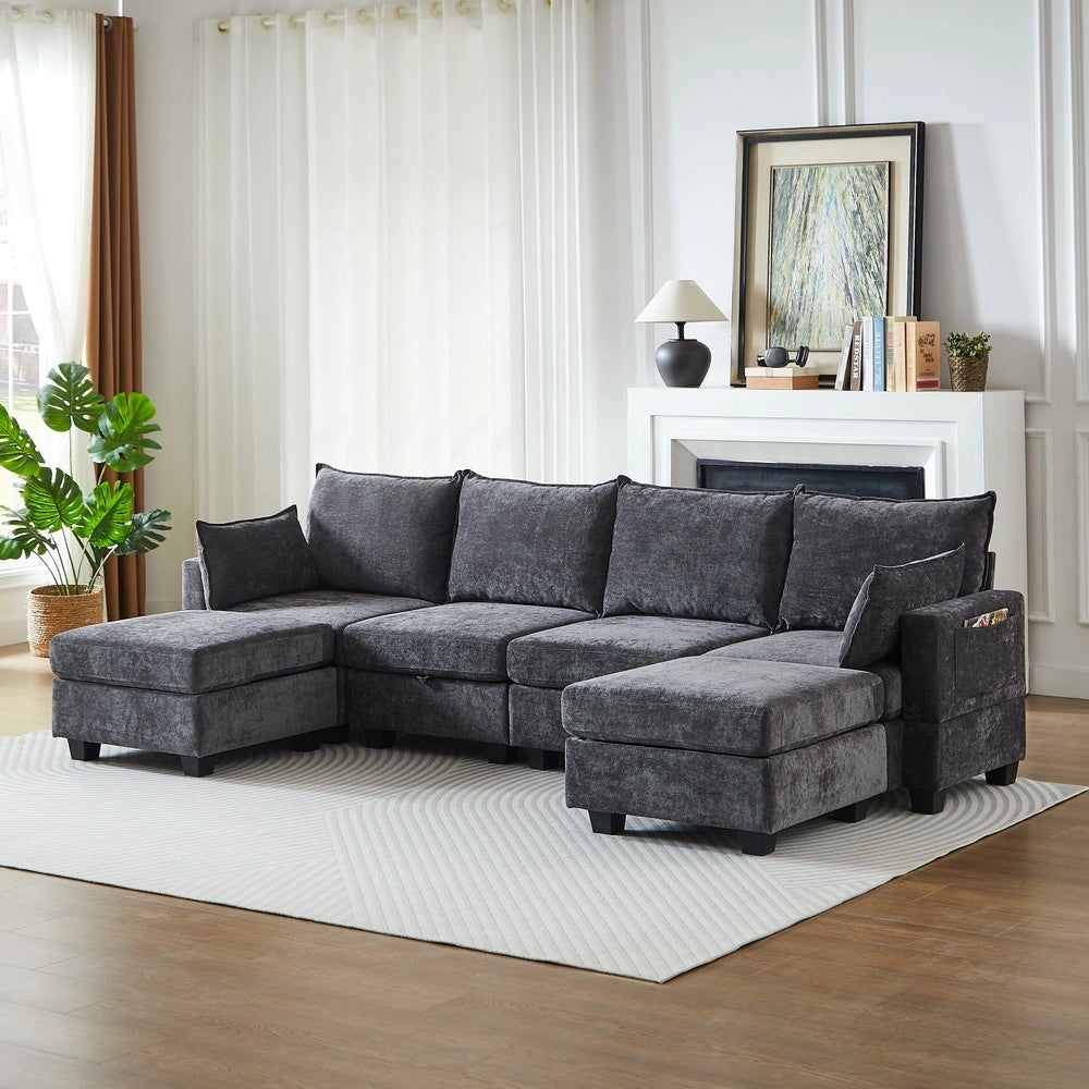 Divano angolare 6 posti con chaise longue e contenitore ¨C Minimal ¨C tessuto chenille grigio