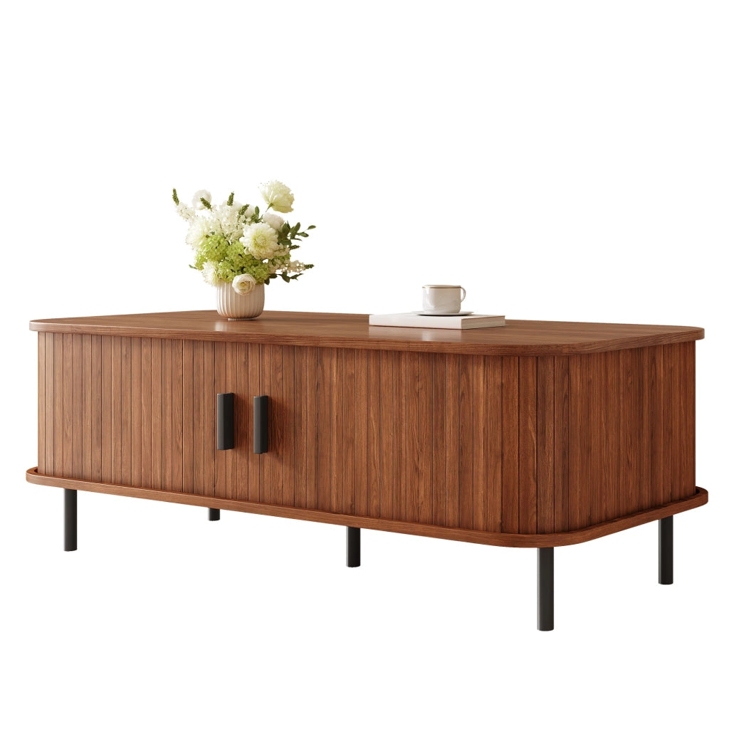 Tavolino da caff¨¨ con ante scorrevoli, tavolo rettangolare da soggiorno con contenitore, design moderno con doghe verticali, tavolino laterale, per