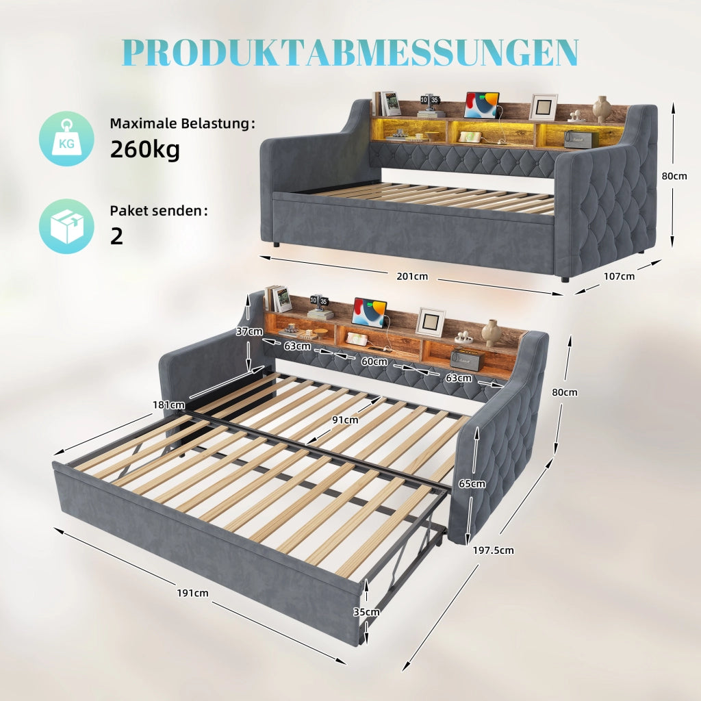 Divano letto in velluto 90 x 190 cm con letto estraibile, braccioli, testiera in legno con contenitore, LED, USB e Type-C, rete a doghe - Grigio Scuro