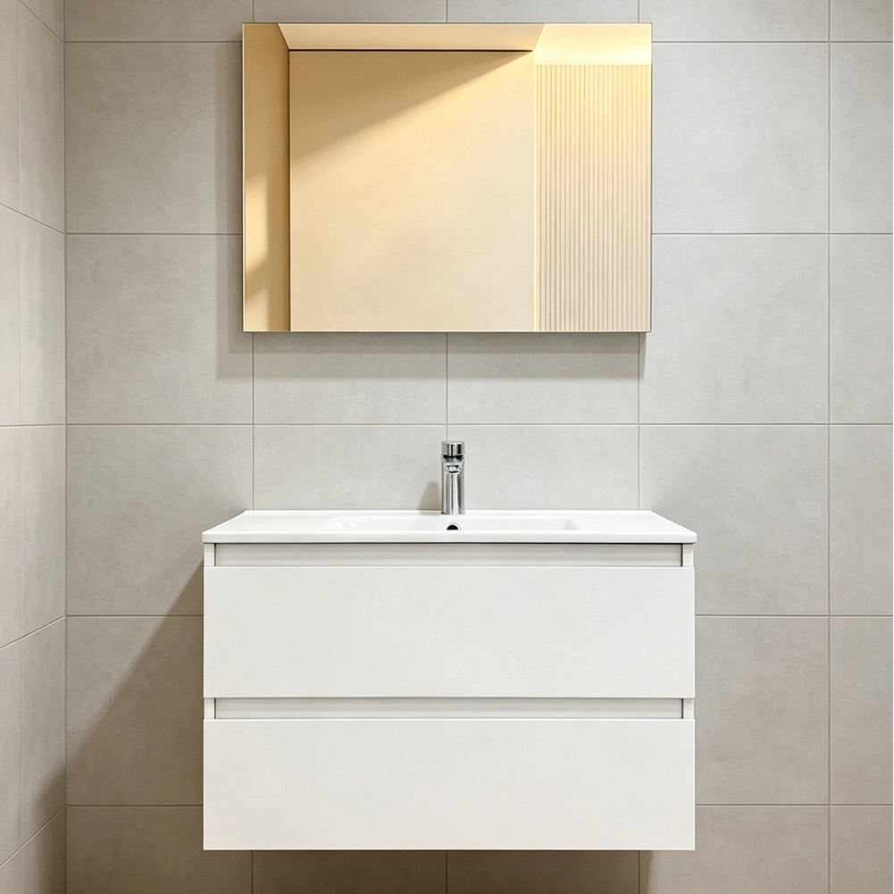 Mobile da Bagno Sospeso con Specchio e 2 Cassetti Otranto Larghezza 80cm Bianco