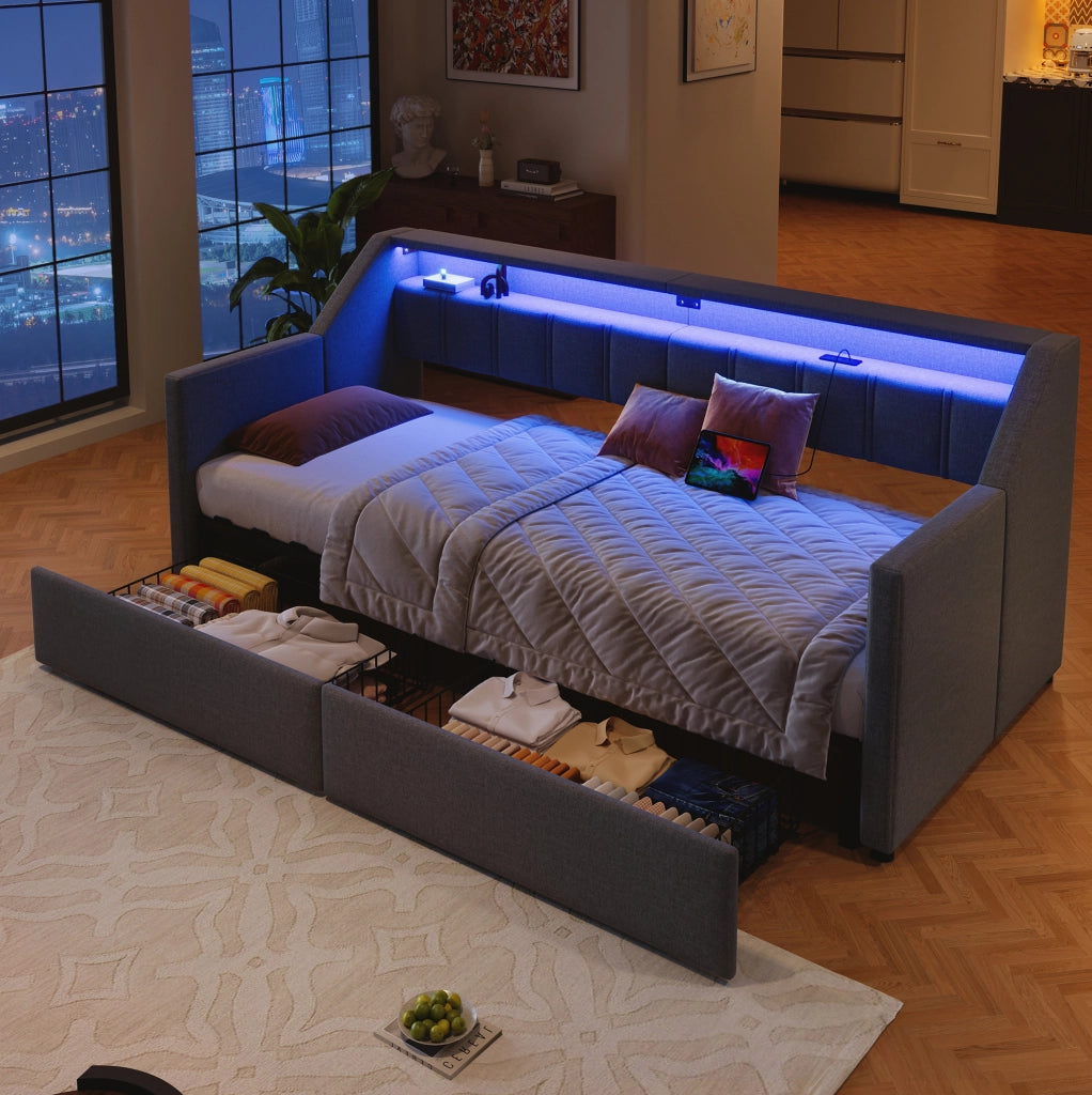 Divano letto 90x200 cm con USB, Type-C, LED e 2 cassetti grigio