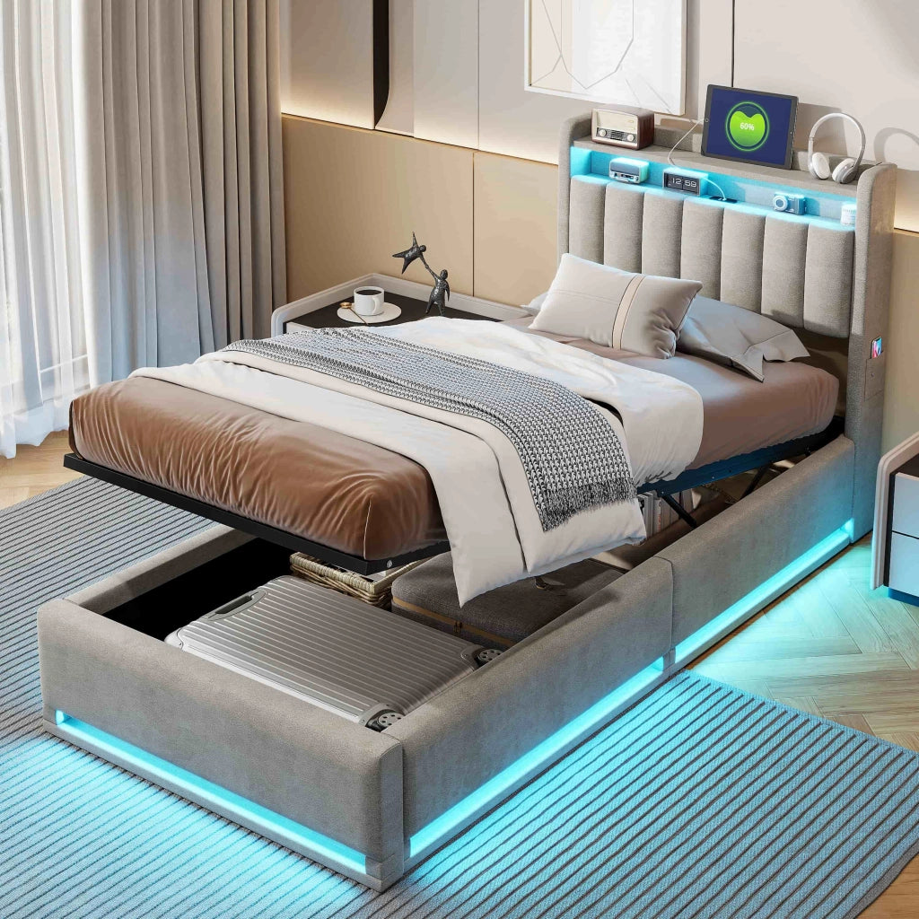 Letto Singolo 90x200 cm; Letto Contenitore Idraulico Imbottito; Luci LED e Porta USB; Struttura Letto in Velluto; Grigio; Senza Materasso