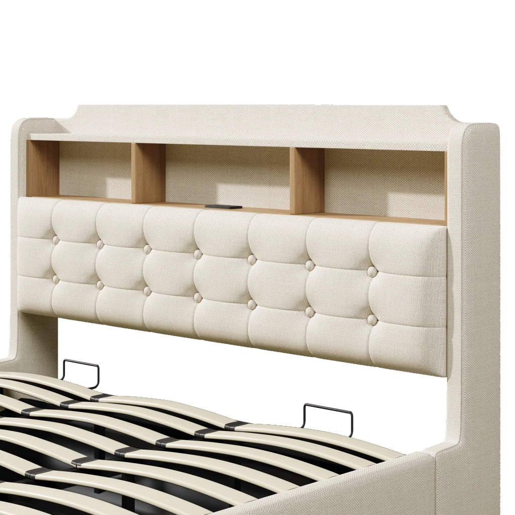 Letto contenitore matrimoniale con LED; USB; type-C e vani 180 × 200 cm; senza materasso; beige