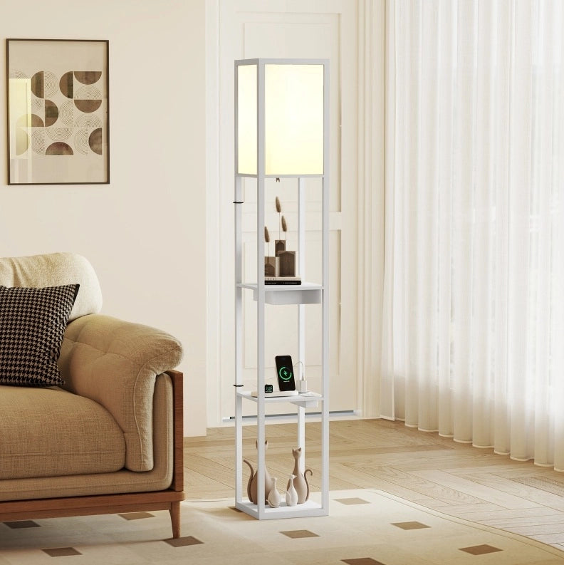 Lampada da terra 26x26x159 cm in MDF bianco con ripiani e USB –