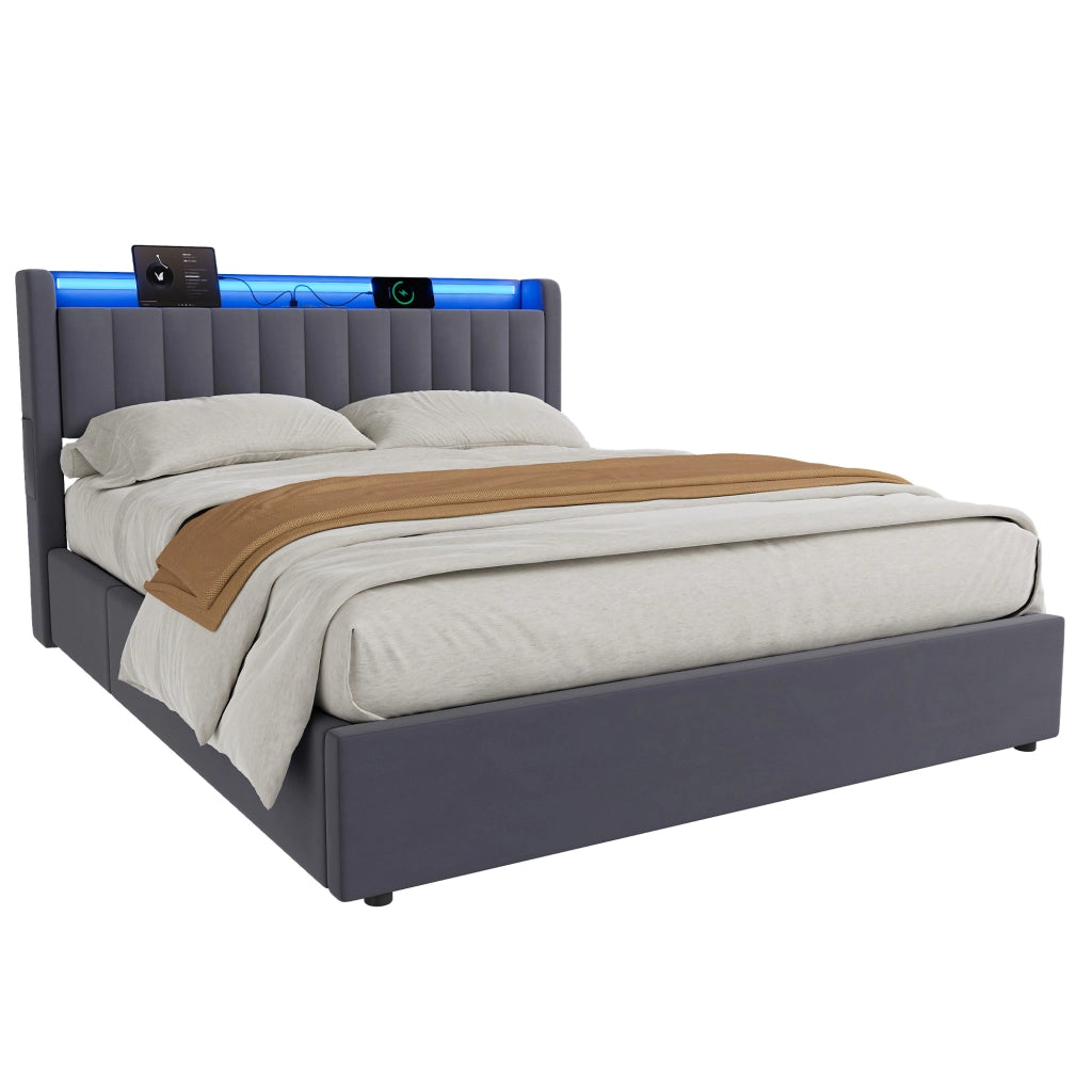 Letto Imbottito 160x200 cm Grigio Scuro in Velluto con Contenitore, USB e Luce d’Atmosfera