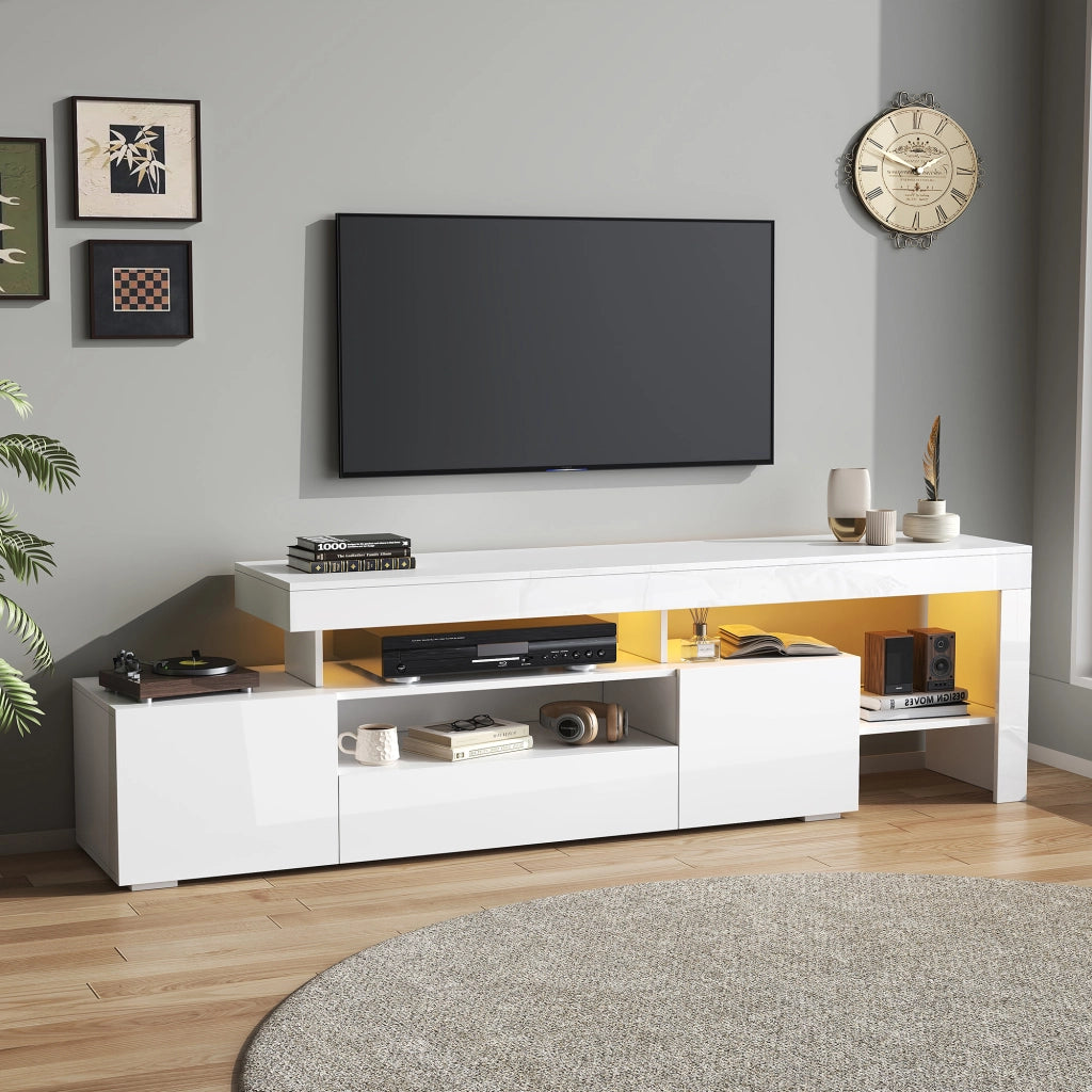Mobile TV con 3 ante; vani aperti e LED; per soggiorno; 192 × 37 × 53 cm; in pannello truciolare; bianco