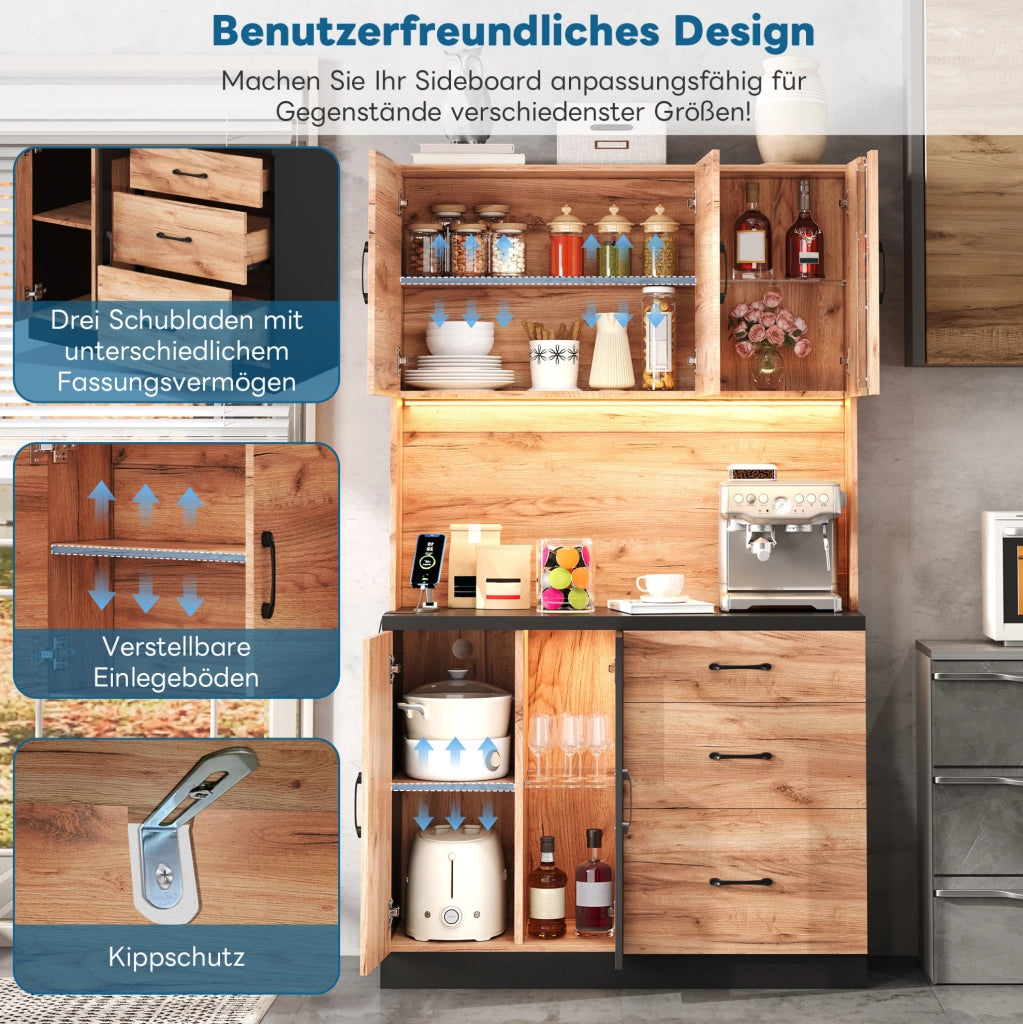 Colonna cucina in MDF con LED, prese USB e ante in vetro