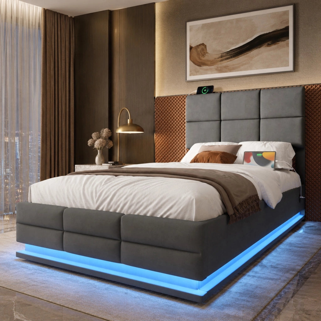 Letto singolo 90x200 cm con contenitore; testiera regolabile; LED e USB; velluto grigio scuro