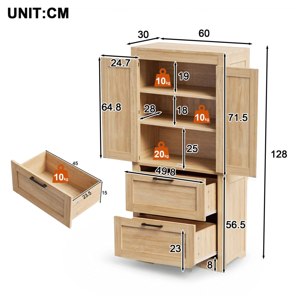 Mobile alto rustico con 2 cassetti e ripiani regolabili 60x30x128 cm