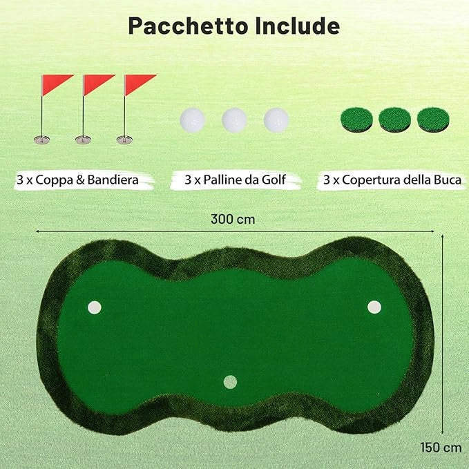 Putting Green, Tappetino da Interno per Putting con 3 Buchi e Palline da Golf, Tappetino da Golf per Casa, Ufficio, Giardino e Patio, 300 cm x 150 cm
