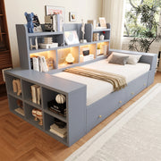 Letto estraibile multifunzionale in compensato e MDF grigio con cassetti ripiani LED e presa