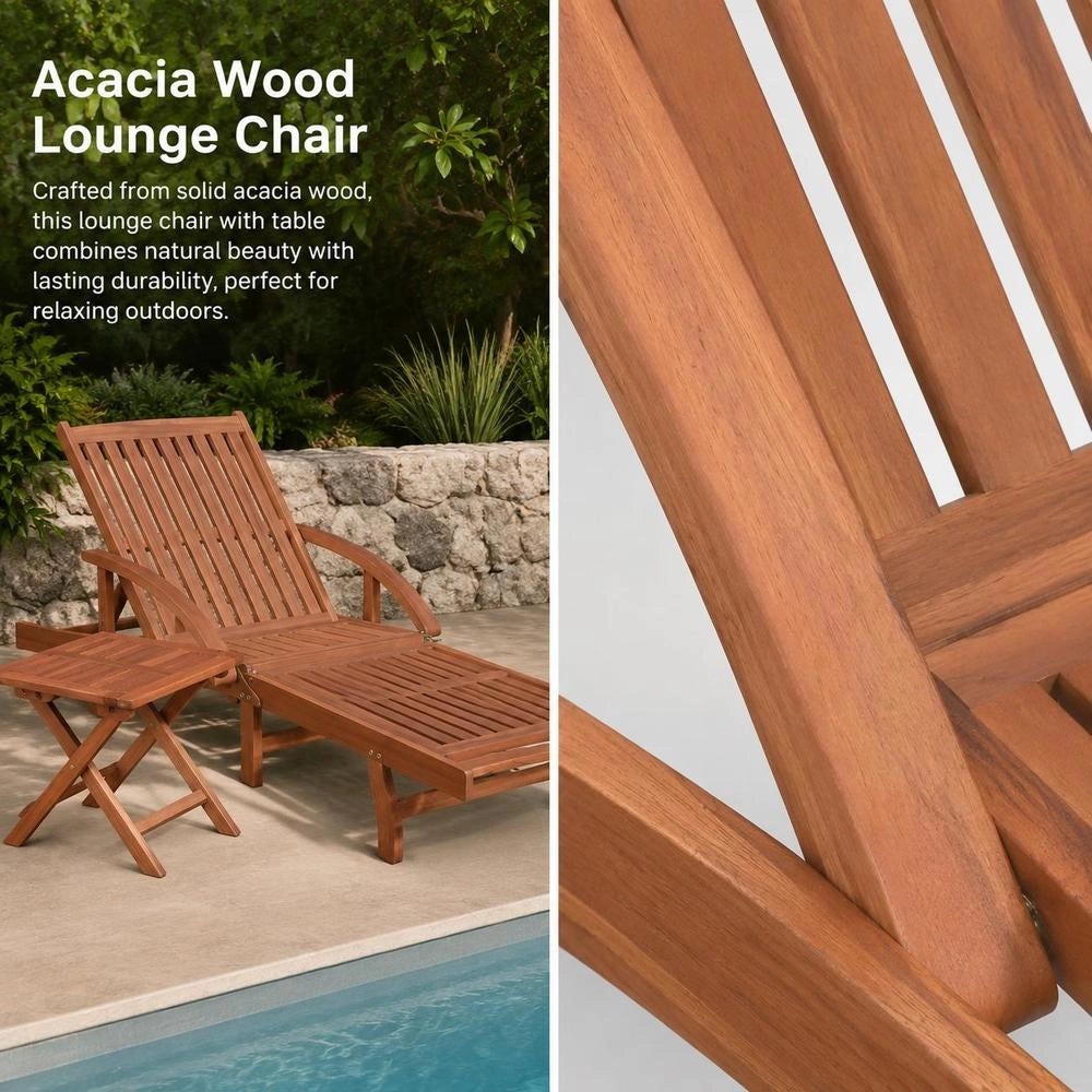 Sun Lounger With Table, Solid Acacia Wood