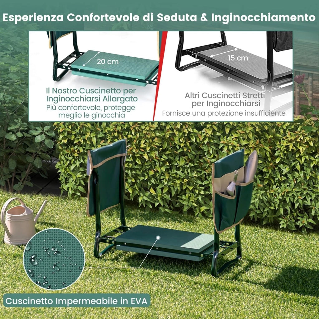 Inginocchiatoio da Giardino 2 in 1, Sgabello da Giardino Portatile e Pieghevole per Inginocchiare e Sedere, Sedile per Giardinaggio con 2 Tasche Porta Attrezzi e Materassino Ampio