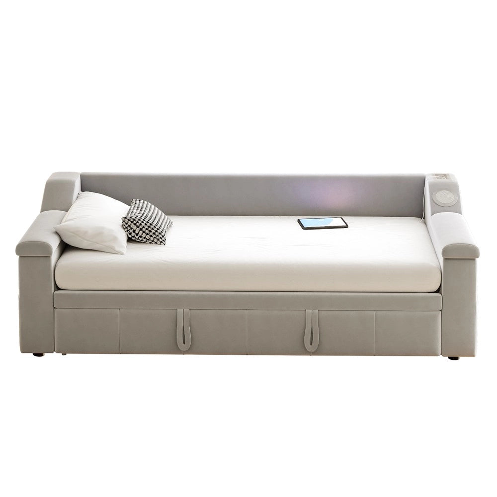 Letto Imbottito con Rete a Doghe e Bluetooth ¨C MINIMAL ¨C Velluto Grigio Chiaro 90x190 / 180x190