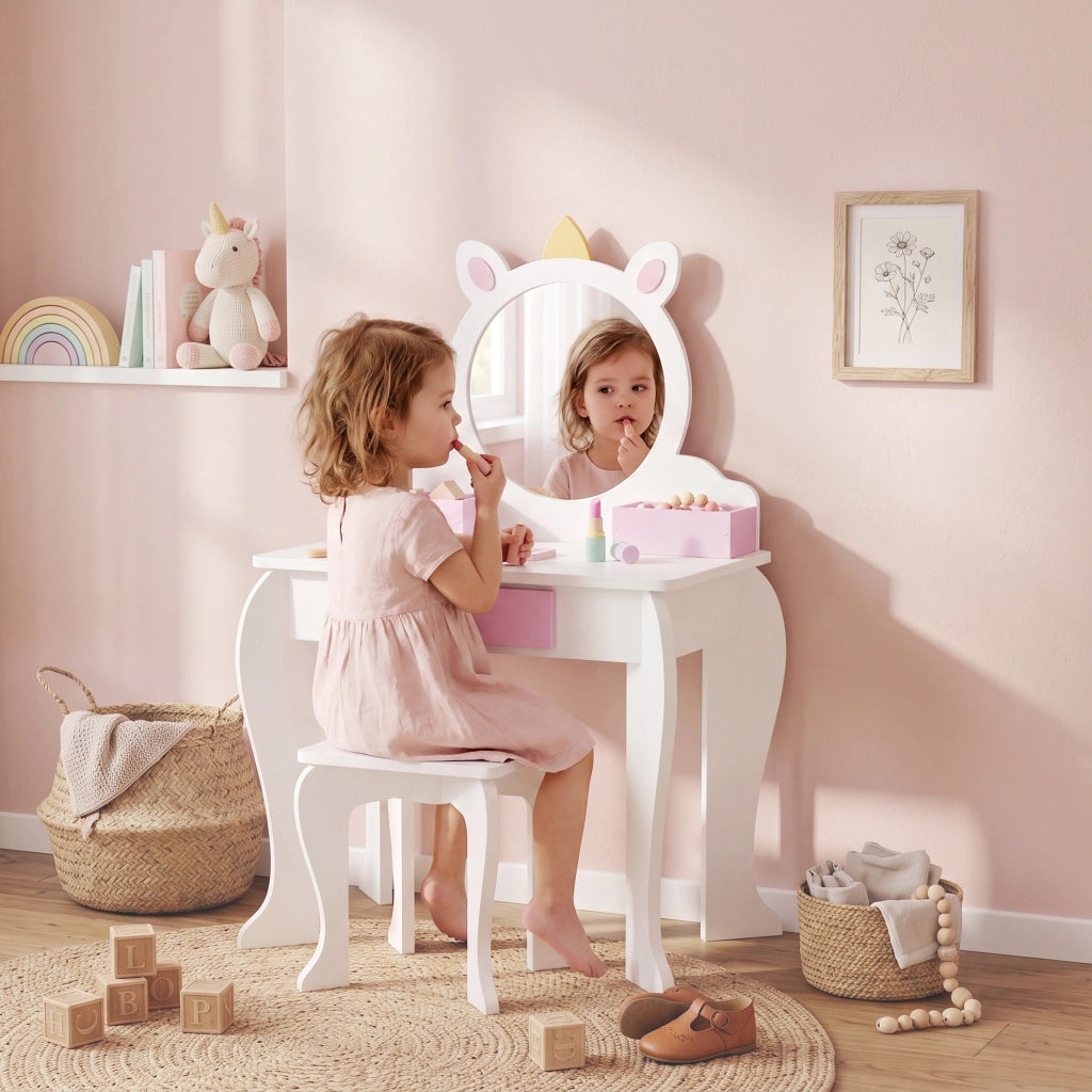 Set Toeletta Trucco Bambina 55x34x87 cm con Sgabello Specchio in Acrilico 2 Scatole Portaoggetti Design Unicorno in MDF