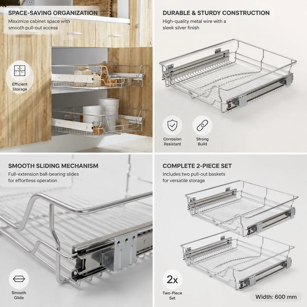 Built-in Drawer Basket Pull-out 2 Pcs. Silver 600 Mm