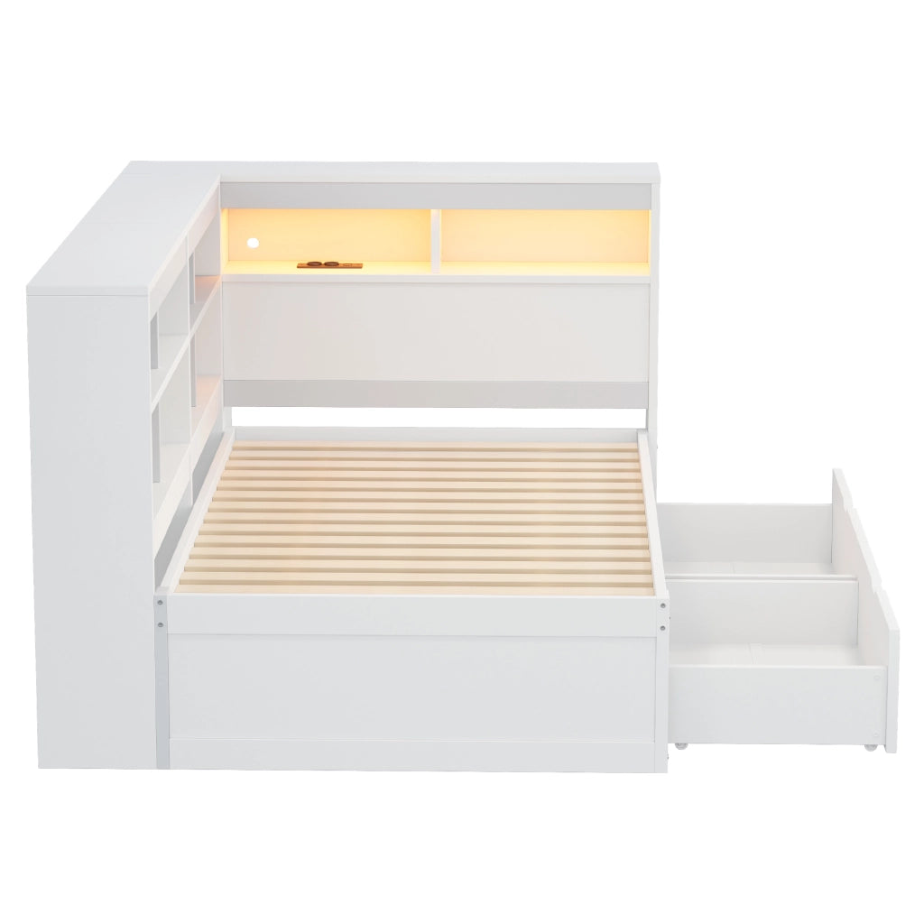 Letto multifunzione in legno 90x200 cm con contenitori, cassetti, USB e LED