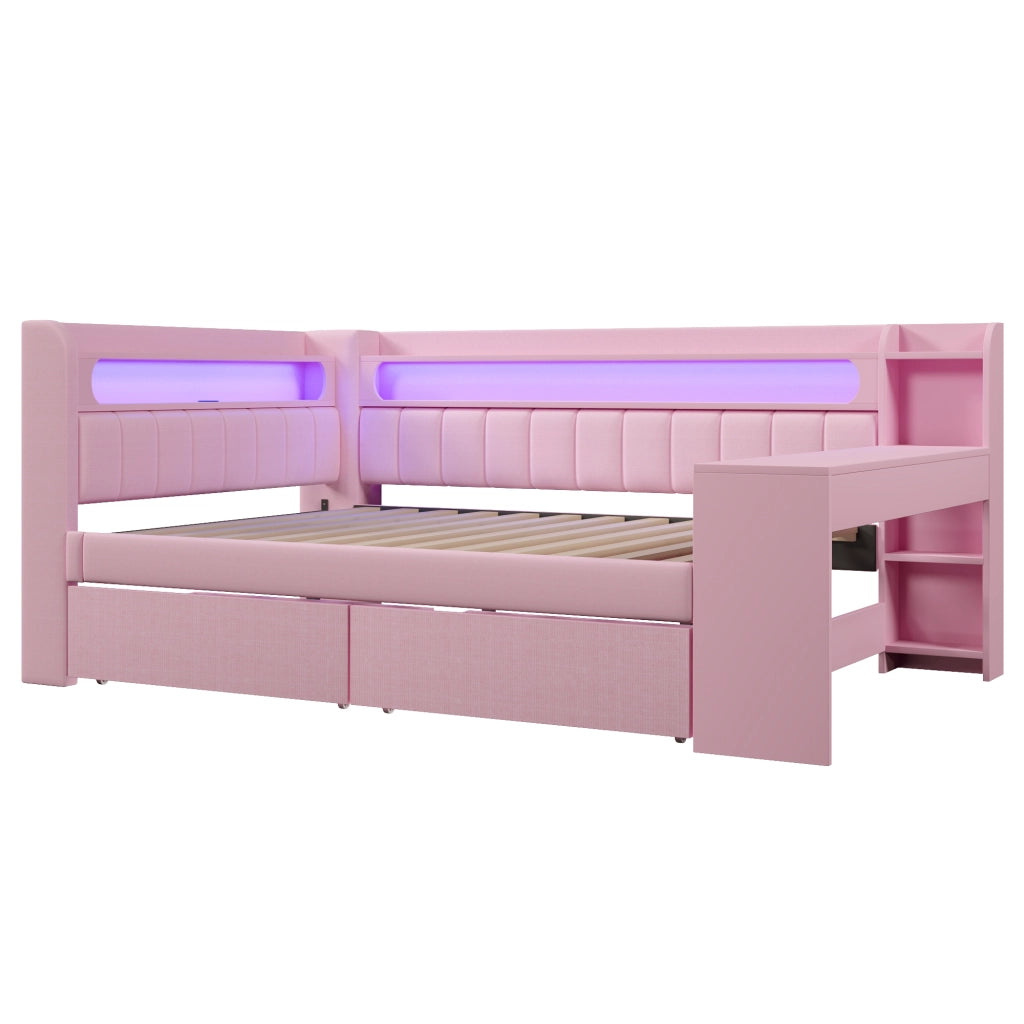 Letto Imbottito con Scrivania e 2 Cassetti, LED e USB ¨C MINIMAL ¨C 140x200 Rosa