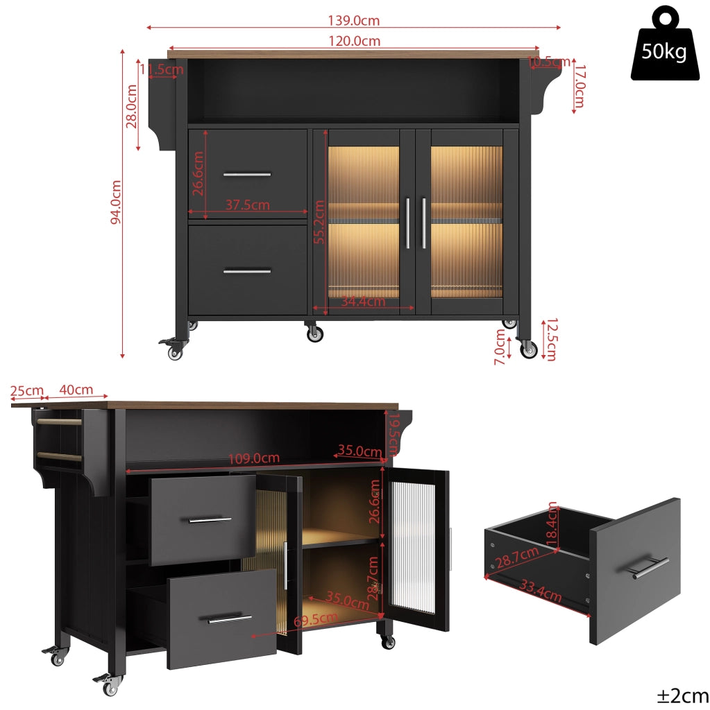 CARRELLO CUCINA 139x40x94 cm Nero MDF con LED e ruote