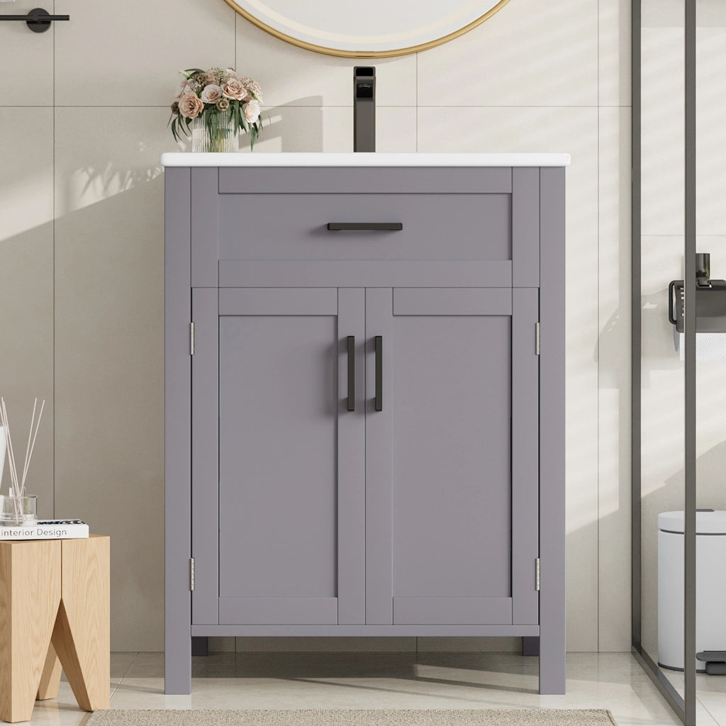 Mobile sottolavabo freestanding con lavabo in ceramica, ante doppie, cassetto reversibile e ripiano regolabile grigio 60 × 46 × 84,8 cm