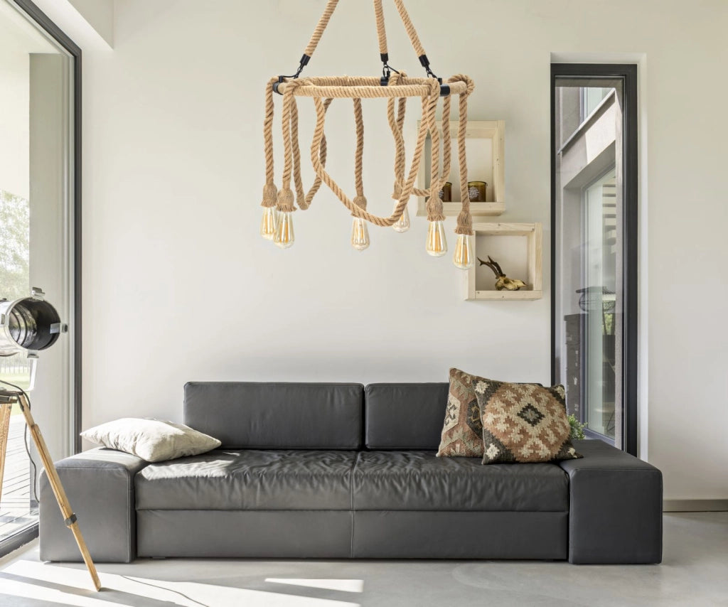 Lampadario Rope Circle Ø64x90 cm in Ferro e Corda Marrone e Nero