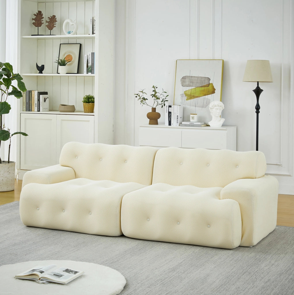 Divano Cloud a due posti beige con braccioli larghi e design moderno, 224x104x66 cm