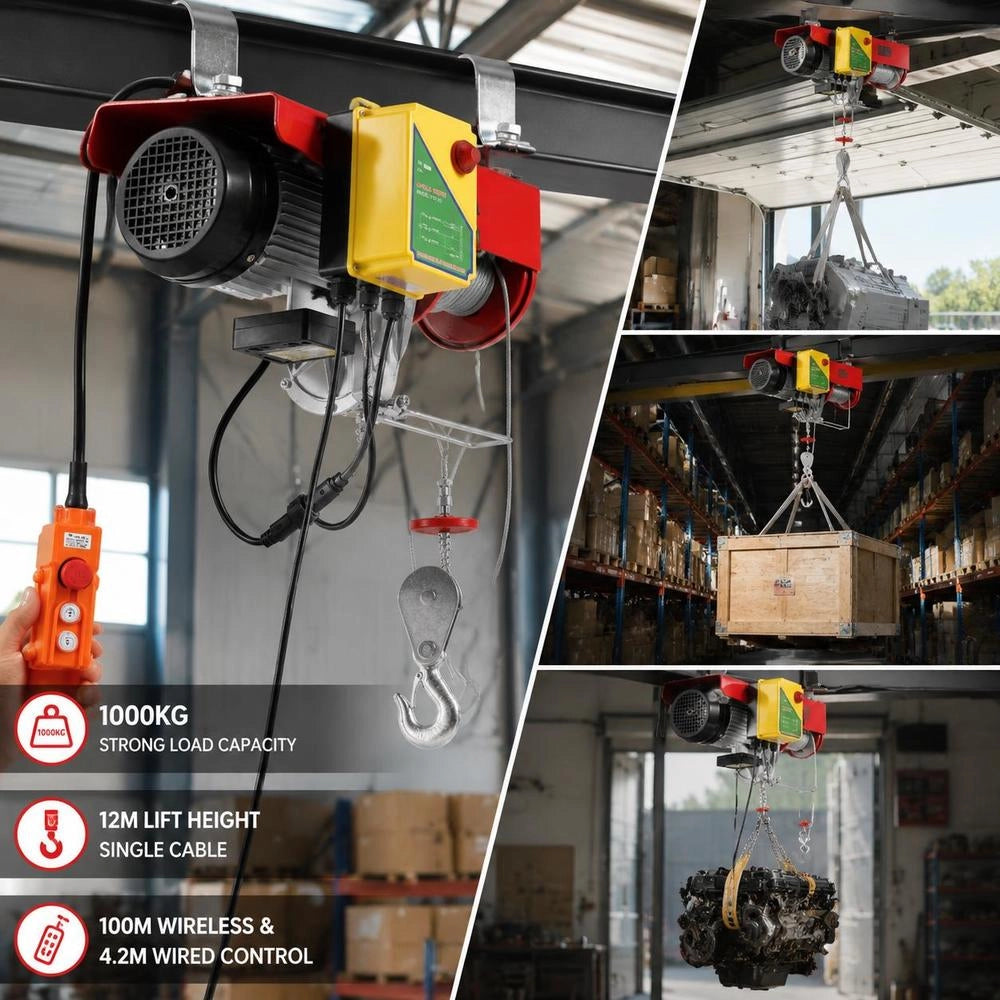 Electric Winch, 1000 Kg, Motor Winch With 100 M Wireless And 4.2 M Wired Remote Control, 12 M Lifting Height With Single Cable, Single/double Slings, Lifting Device For Garage, Warehouse, Factory