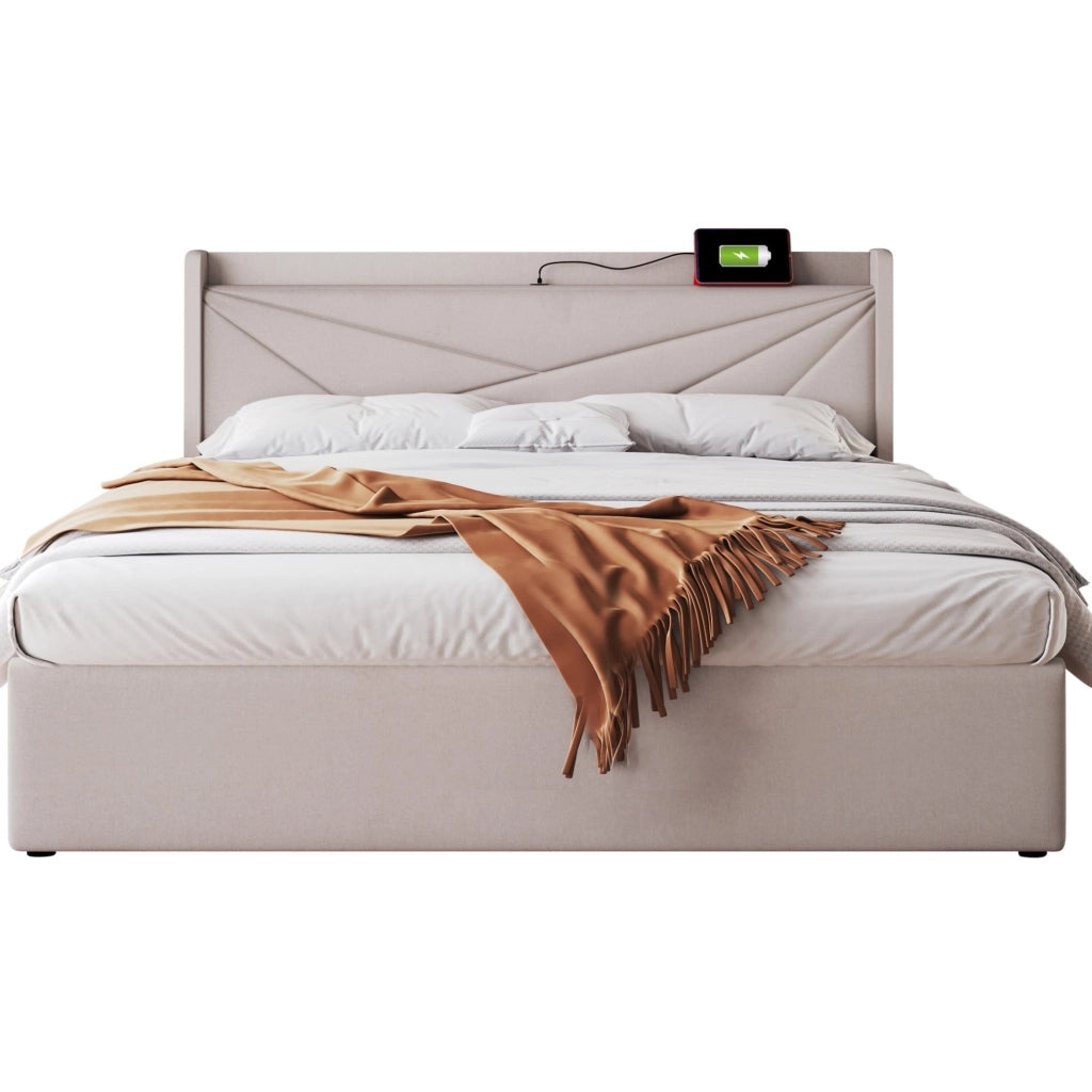 Letto matrimoniale beige 160x200 con contenitore, USB e USB-C
