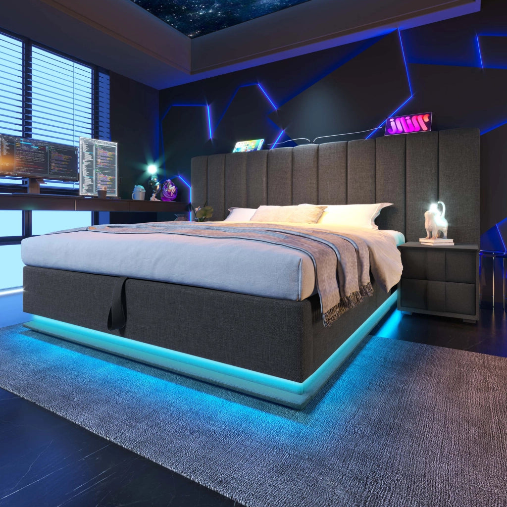 Letto matrimoniale imbottito in lino grigio 160x200 cm con contenitore e LED