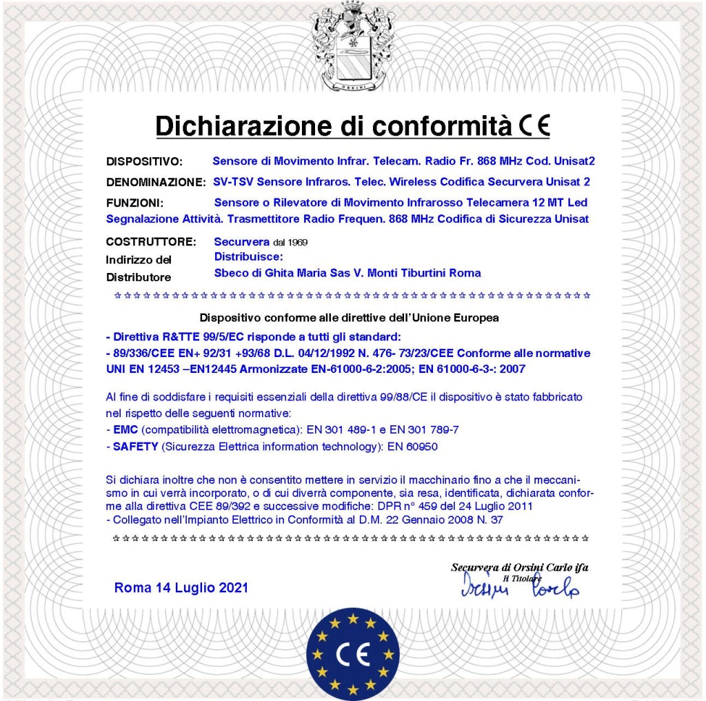 Sensore Infrarosso da Interno Rileva Movimento Copertura 12 Metri Grandangolo Fotocamera a Colori VGA 640X480 Videoverifica GPRS Visione Notturna Frequenza 868 MHz Bidirezionale UNISAT Anti Jamming