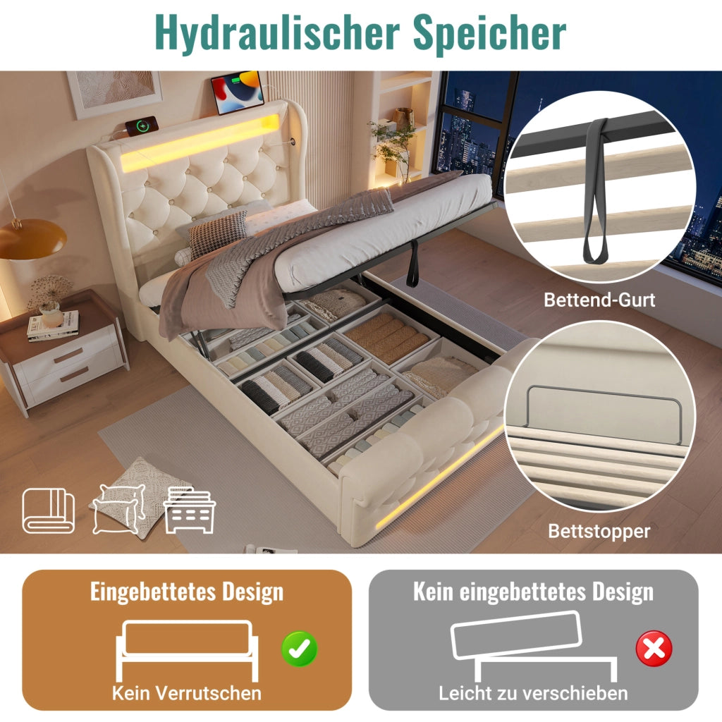 Letto imbottito contenitore 90 × 200 cm con LED; USB e Type-C; velluto beige