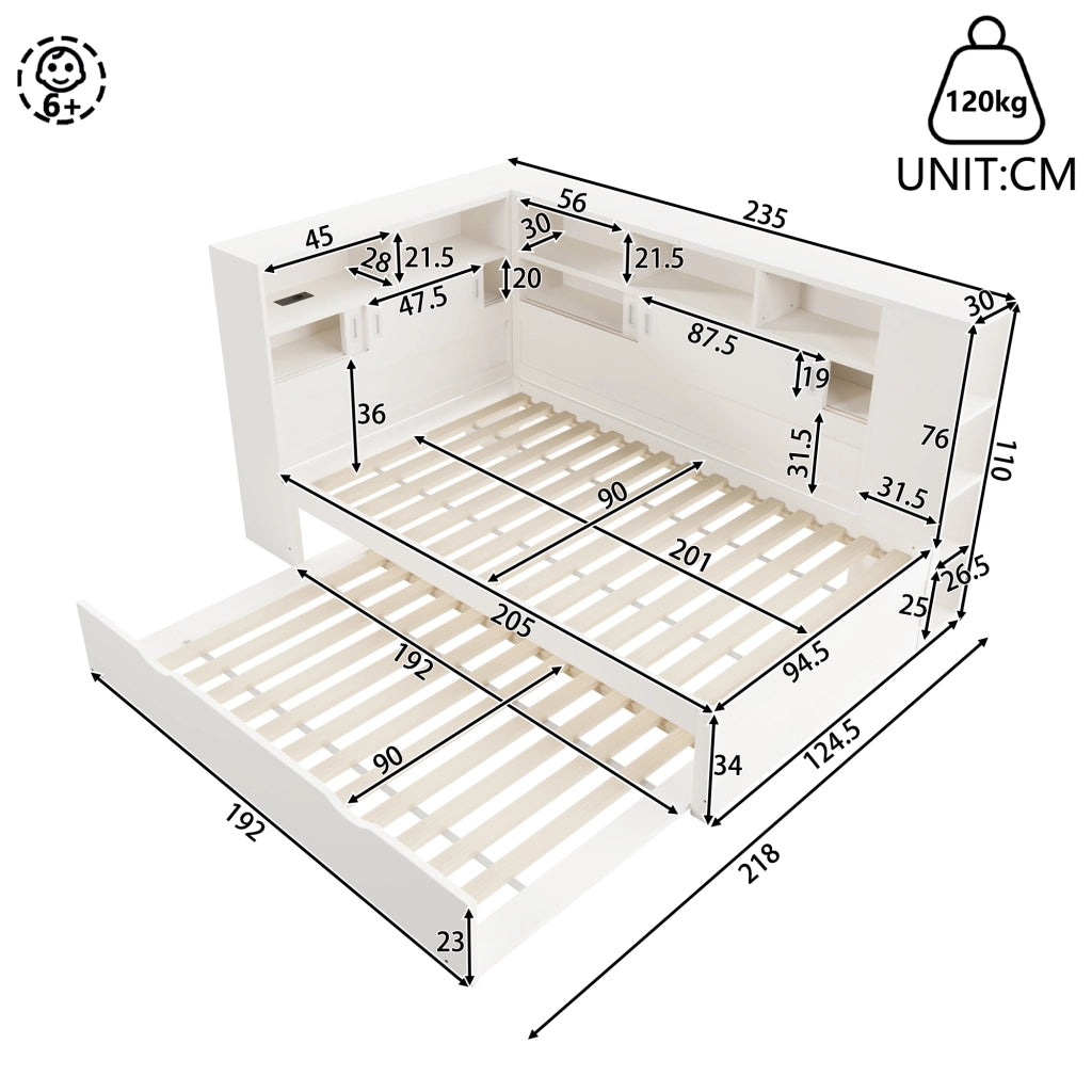 Desviae Letto per bambini 90 × 200 cm con letto estraibile vani portaoggetti USB struttura in legno di pino bianco