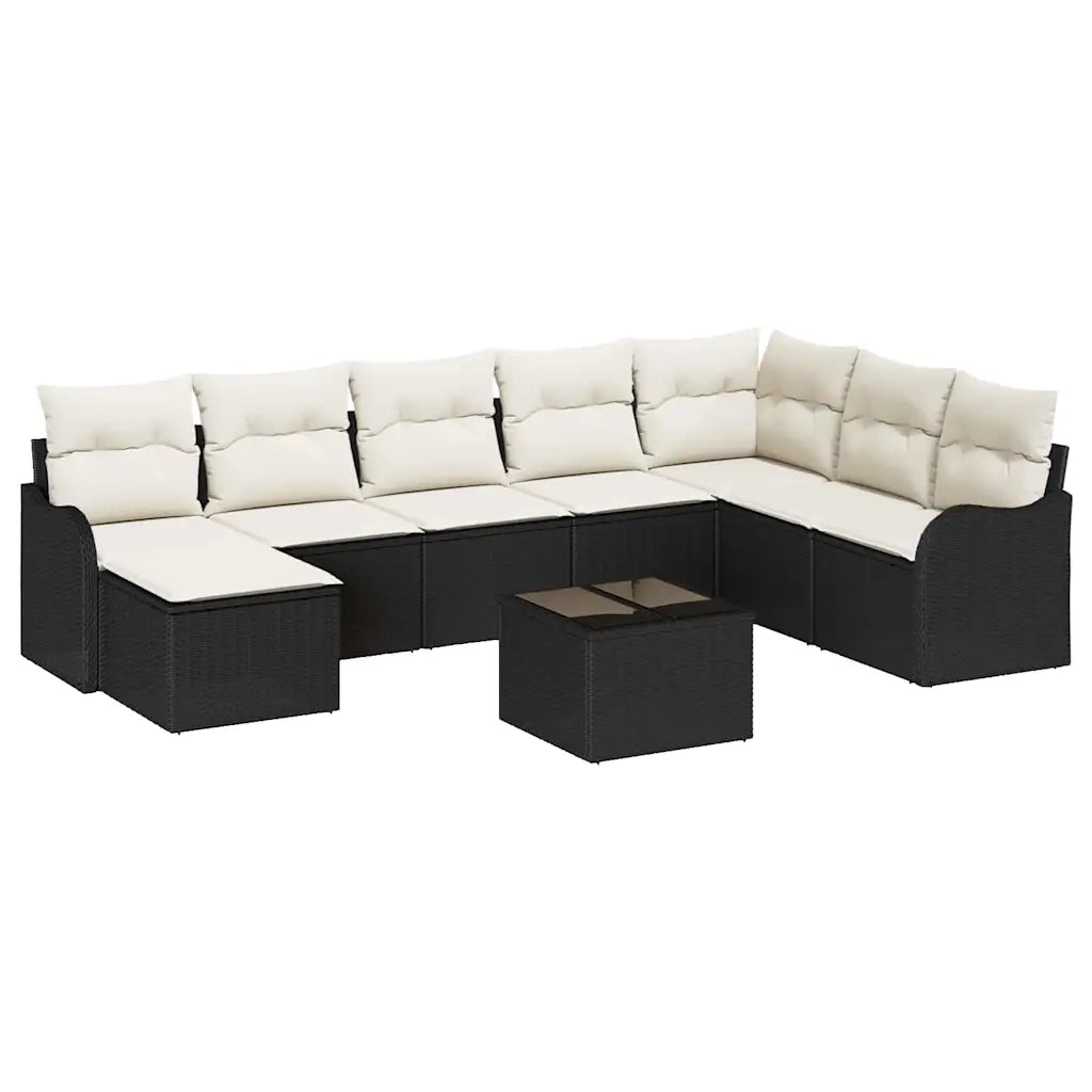Set Divano da Giardino 9 pcs Nero e bianco Poly Rattan