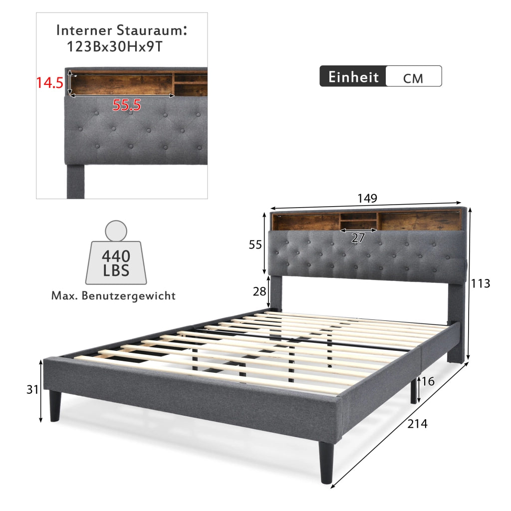Letto imbottito grigio 140x200 con testiera contenitore