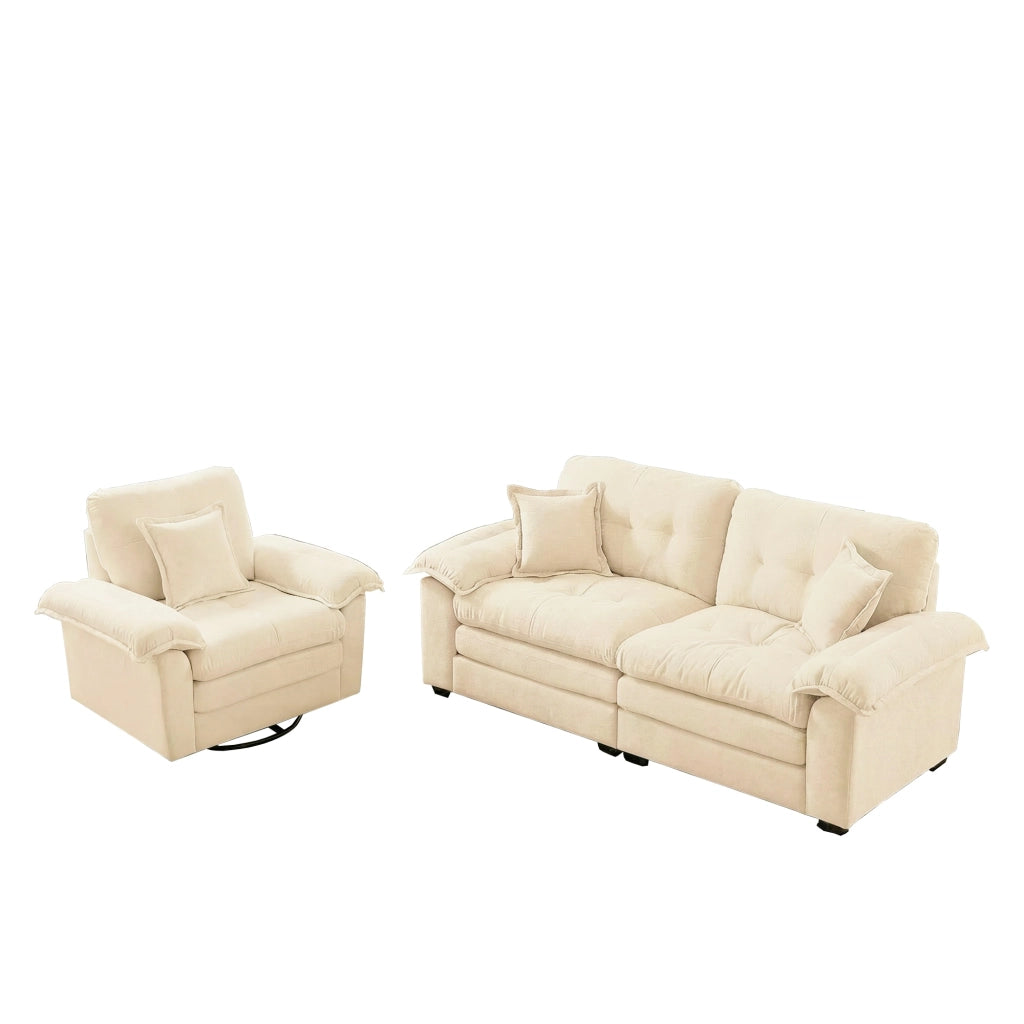 Set di divani 1 e 2 posti con sedute profonde in ciniglia beige