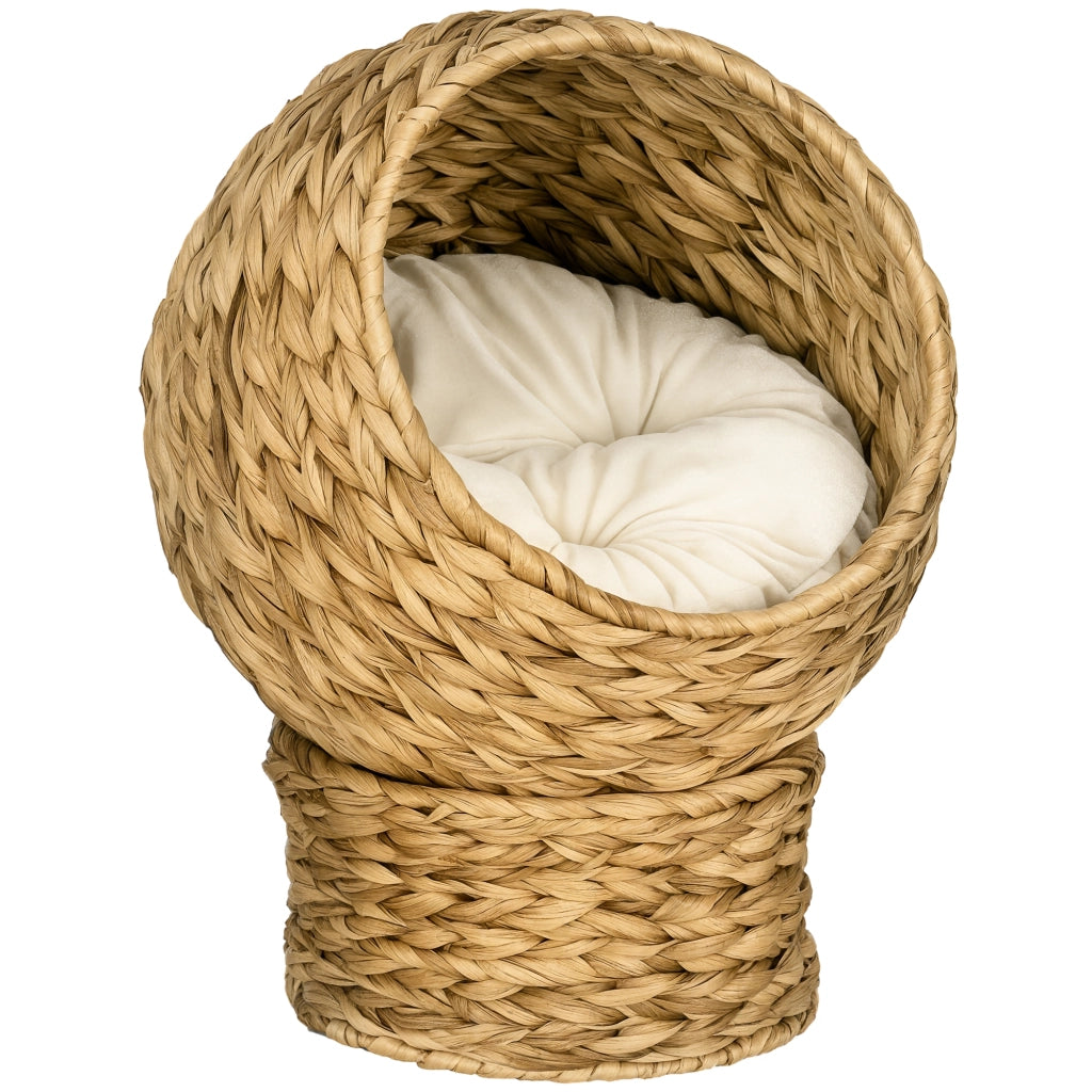 Cuccia per Gatti Rialzata in Foglie di Banano Lettino a Grotta con Cuscino Morbido Beige Design Moderno per Casa 40L x 37l x 51H cm