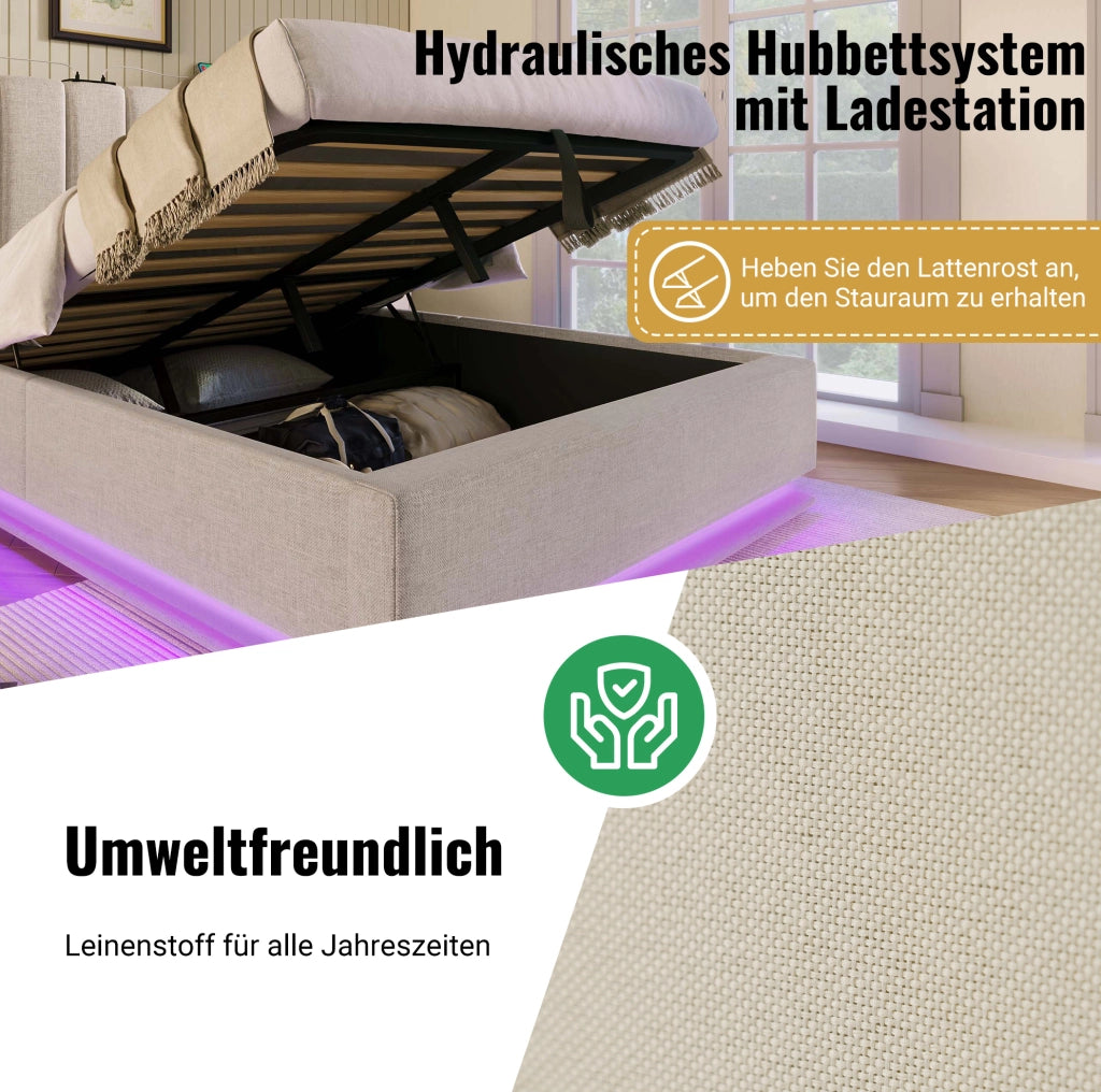 Letto contenitore 180 × 200 cm con LED; 3 USB e Type-C; lino beige