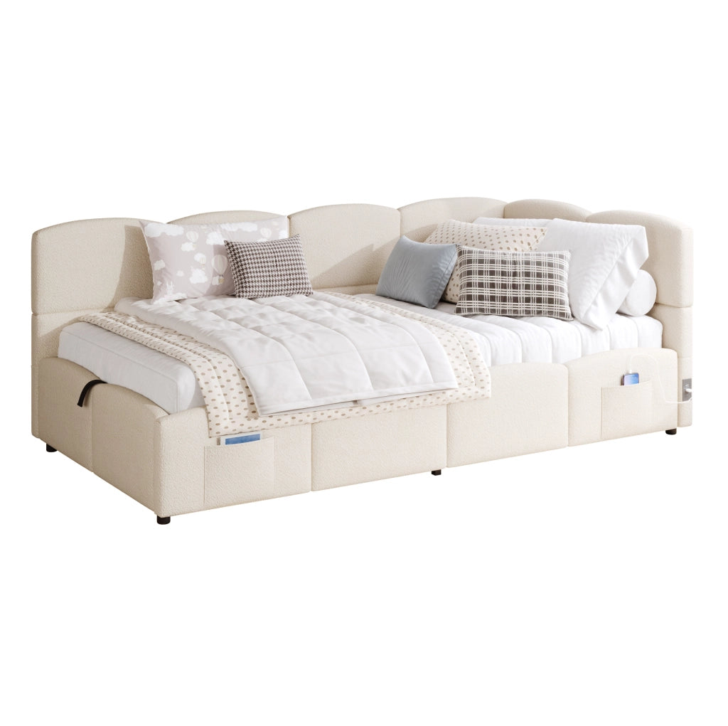 Letto contenitore 90x200 cm con USB A e USB C; tasche laterali; tessuto bouclé beige